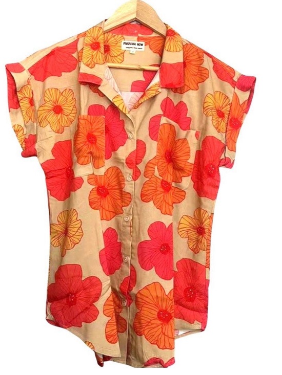 Paradise Now Tops - Button-Down Floral Shirt in Red and Orange
